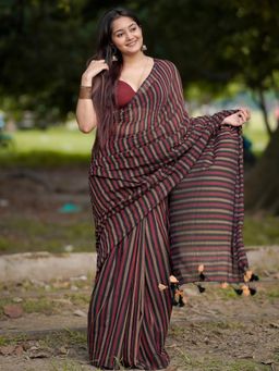 Aparna - Multi-Colour Pure Cotton Saree With Woven Stripes And Tassel Pallu