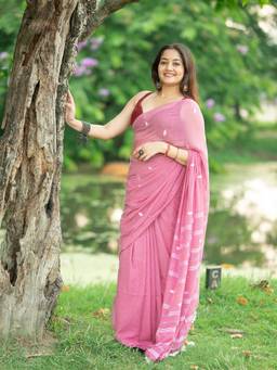 Aparna - Onion Pink Pure Cotton Saree With Woven Butti And Tassel Pallu