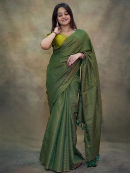 Aparna - Mehendi Green Pure Cotton Saree And Tassel Pallu
