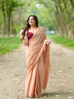Aparna - Peach Pure Cotton Saree With Woven Stripes And Tassel Pallu