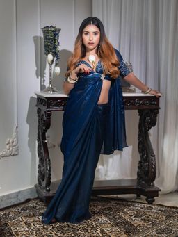 Aparna - Navy Blue Solid Chiffon Saree With Pearl Sequin Embellished Blouse For Women