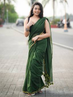 Aparna - Bottle Green Pure Cotton Saree With Gold Zari Border And Tassel Pallu