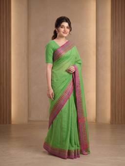 Aparna - Parrot Green Pure Cotton Saree With Pink Zari Paisley Border