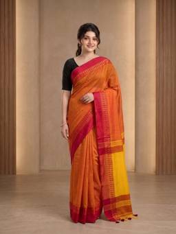 Aparna - Rust Orange Pure Cotton Saree With Woven Border And Tassel Pallu