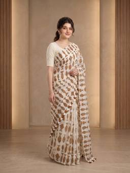 Aparna - Pure Cotton Saree With Brown Fish Print And Tassel Pallu