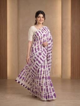 Aparna - Pure Cotton Saree With Purple Fish Print And Tassel Pallu