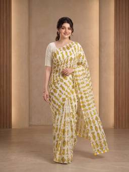 Aparna - Pure Cotton Saree With Yellow Fish Print And Tassel Pallu