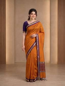 Aparna - Orange Pure Cotton Saree With Checks And Purple Zari Border