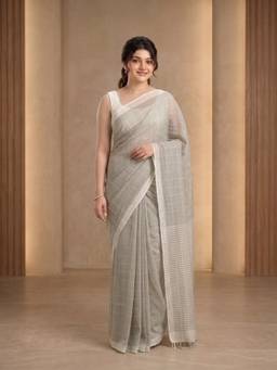 Aparna - Grey Pure Cotton Saree With Checked Weave And Striped Pallu