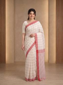 Aparna - Off White Pure Cotton Saree With Red Checks And Striped Pallu