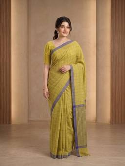 Aparna - Lime Green Pure Cotton Saree With Checks And Blue Border