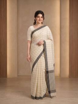Aparna - Beige Pure Cotton Saree With Charcoal Checks And Striped Pallu
