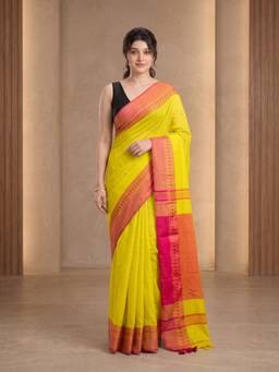 Aparna - Lemon Yellow Pure Cotton Saree With Woven Border
