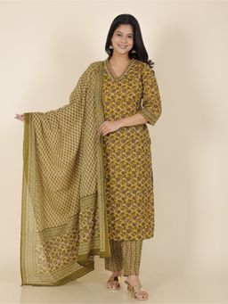 ARAMYA - Soft Cotton Floral Print Kurta Pant with Dupatta for Women