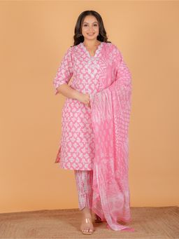 ARAMYA - Soft Cotton Floral Print Kurta Pant with Dupatta for Women