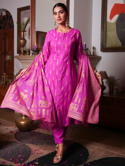 ARAMYA - Viscose Gold foil Print Kurta Pant with Dupatta for Women