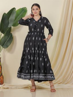 ARAMYA - Soft Cotton A-Line Geometric Print Dress for Women
