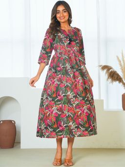ARAMYA - Soft Cotton Foliage Print Dress for Women