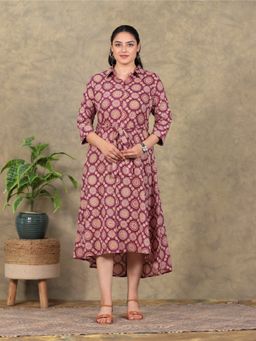ARAMYA - Kantha Cotton Geometric Print Dress for Women