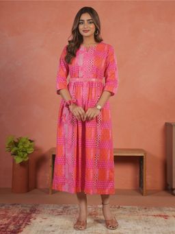 ARAMYA - Soft Cotton Patchwork Print Dress with Belt for Women