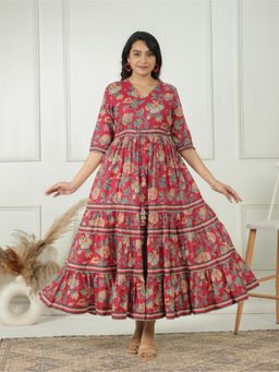 ARAMYA - Lurex Cotton A-Line Floral Print Dress for Women