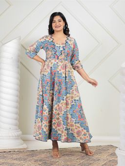 ARAMYA - Linen Cotton Flared Floral Print Dress for Women