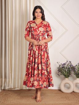 ARAMYA - Soft Cotton A-Line Floral Print Dress for Women