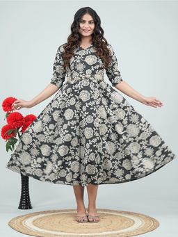 ARAMYA - Linen Cotton Floral Print Dress with Belt for Women
