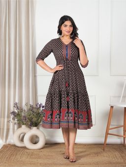 ARAMYA - Soft Cotton A-Line Ajrakh Print Dress for Women