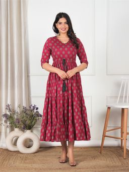 ARAMYA - Soft Cotton A-Line Floral Print Dress for Women