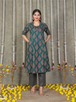 ARAMYA - Soft Cotton Flared Block Print Kurta and Pant