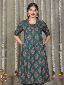 ARAMYA - Soft Cotton Flared Block Print Kurta for Women