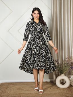 ARAMYA - Soft Cotton Abstract Print Dress with Belt for Women