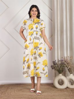 ARAMYA - Linen Cotton Floral Print Dress for Women