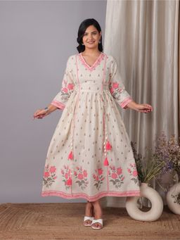 ARAMYA - Linen Cotton Floral Print Dress for Women