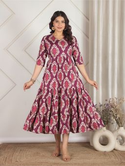ARAMYA - Soft Cotton A-Line Ikat Print Dress for Women