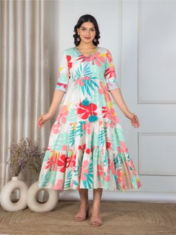 ARAMYA - Linen Cotton A-Line Floral Print Dress for Women