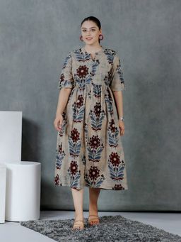 ARAMYA - Soft Cotton Flared Floral Print Dress for Women