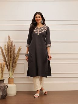 Barara Ethnic - Charcoal Floral Embroidered Cotton Kurta
