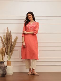 Barara Ethnic - Coral Floral Embroidered Kurta