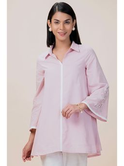 Barara Ethnic - Baby Pink Cotton Solid Embroidered Short Kurti