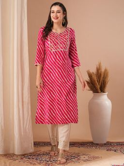 FASHOR - Women Embroidered Viscose Rayon Straight Fit Pink Kurta