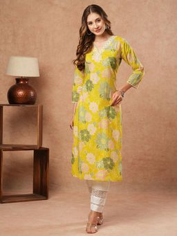 FASHOR - Women Floral Printed Cotton Straight Fit Yellow Kurta