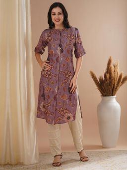FASHOR - Women Floral Printed Cotton Blend Straight Fit Lavender Kurta