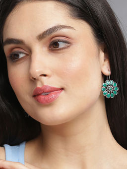 Sohi - Silver Plated Green Stone Studded Floral Hoop Earrings