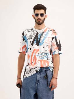 WROGN - Oversized Graffiti Printed T-Shirt - White