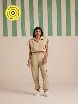 Muvazo - Sunbaked Pocketed Beige Solid Co-Ord (Set of 2)
