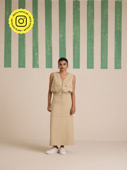 Muvazo - Sunbaked Zip Up Solid Beige Top and Skirt (Set of 2)
