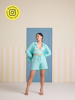 Muvazo - Aqua Stripes Shirt with Bustier and Shorts (Set of 3)
