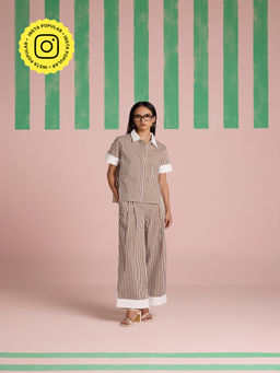 Muvazo - Sepia Stride Pleated Stripes Top and Pant (Set of 2)